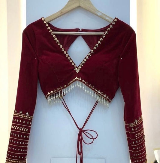 Wine Red Velvet Designer Blouse with V-Back & Tassel Detailing