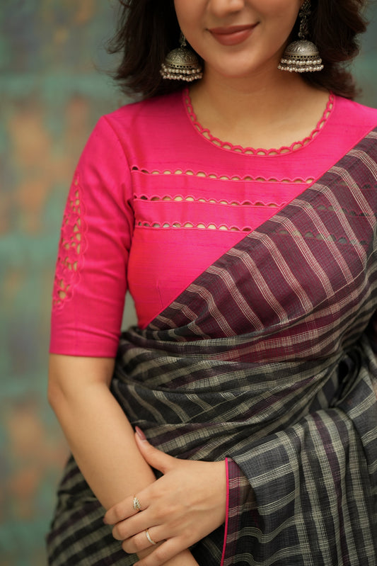 Rani Pink Cutwork Designer Blouse with Keyhole Back & Elbow Sleeves
