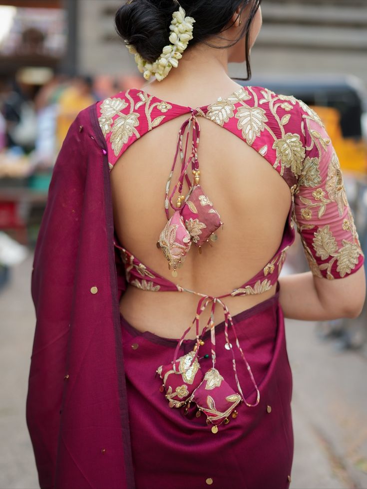 Magenta Embroidered Blouse with Keyhole Back & Tie-Up Detail
