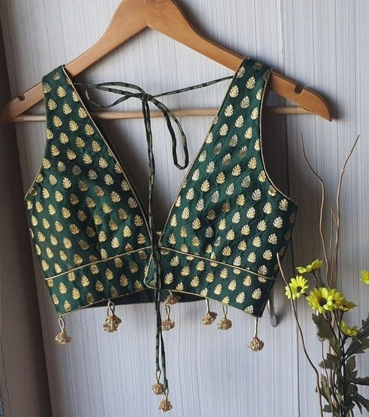 Green Gold Foil Print Deep V-Neck Tie-Up Designer Blouse