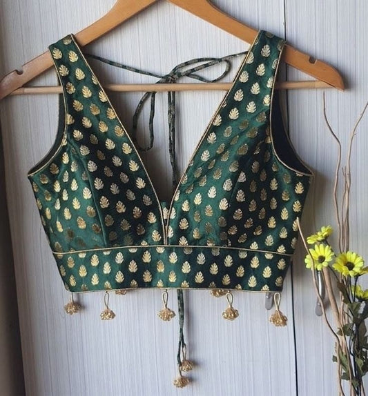 Green Gold Foil Print Deep V-Neck Tie-Up Designer Blouse