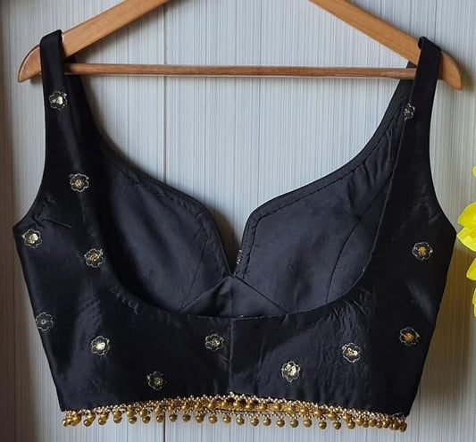 Black Embroidered Sweetheart Neck Blouse with Beaded Hem