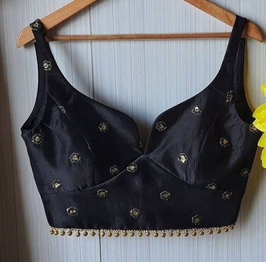 Black Embroidered Sweetheart Neck Blouse with Beaded Hem