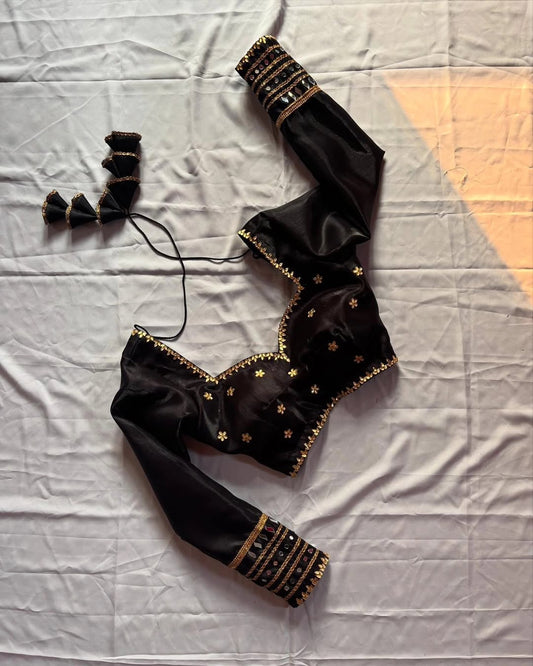Black Silk Embellished Blouse with Floral Motifs & Designer Sleeve Detailing