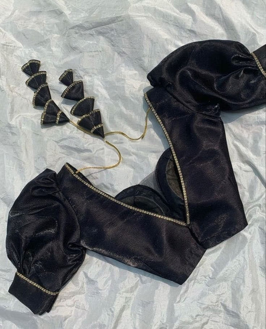 Black Puff Sleeve Blouse with Gold Stitch Detailing & Tassel Tie-Up