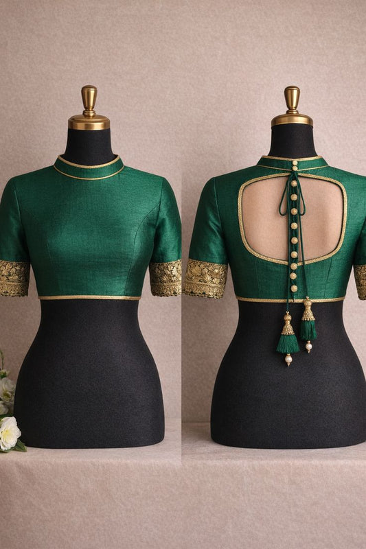 Emerald Green High Neck Designer Blouse with Cutout Back & Tassel Tie-Up