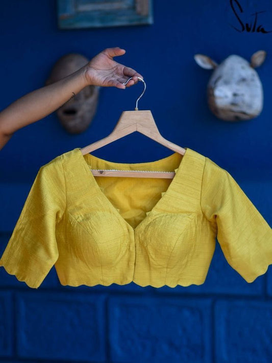 Mustard Yellow V-Neck Scalloped Hem Blouse