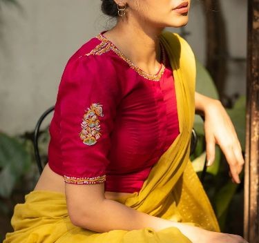 Elegant Magenta Embroidered Blouse with Peacock Motif & Half Sleeves