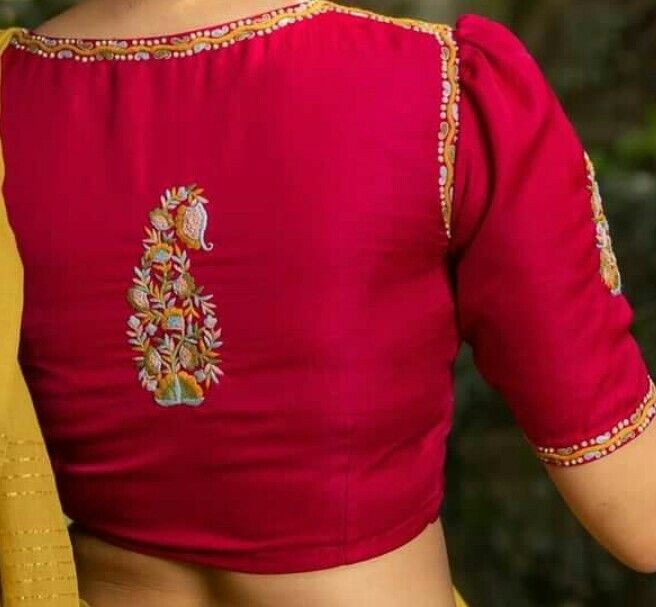 Elegant Magenta Embroidered Blouse with Peacock Motif & Half Sleeves