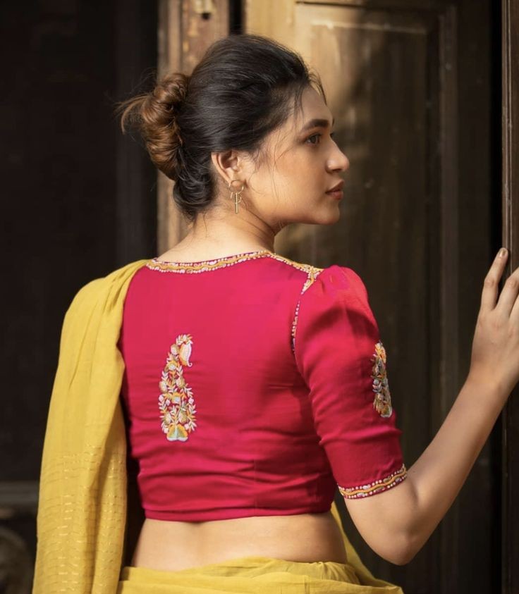 Elegant Magenta Embroidered Blouse with Peacock Motif & Half Sleeves