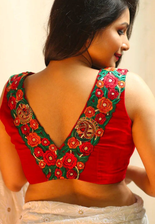 Premium Red Floral Embroidered Deep V-Neck Designer Blouse