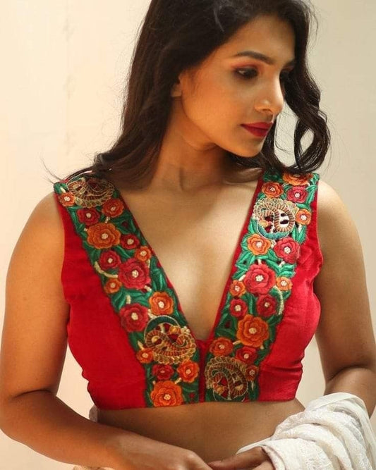 Premium Red Floral Embroidered Deep V-Neck Designer Blouse