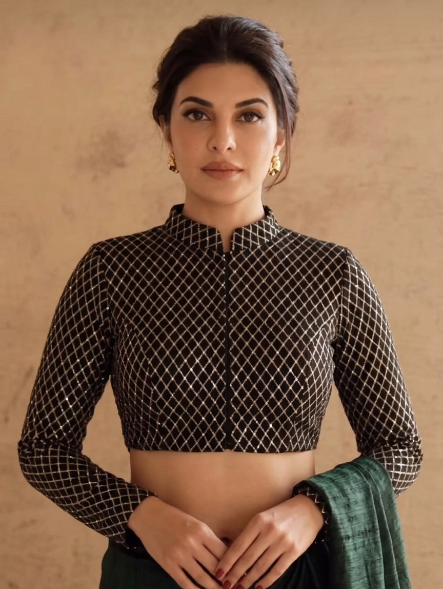 Black Geometric Pattern Designer Blouse with Full Sleeves