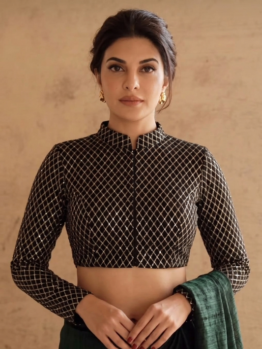 Black Geometric Pattern Designer Blouse with Full Sleeves