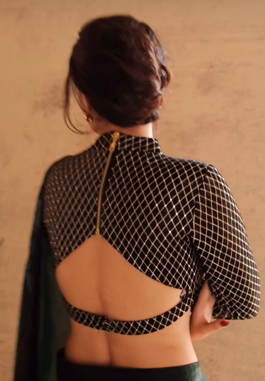 Black Geometric Pattern Designer Blouse with Full Sleeves