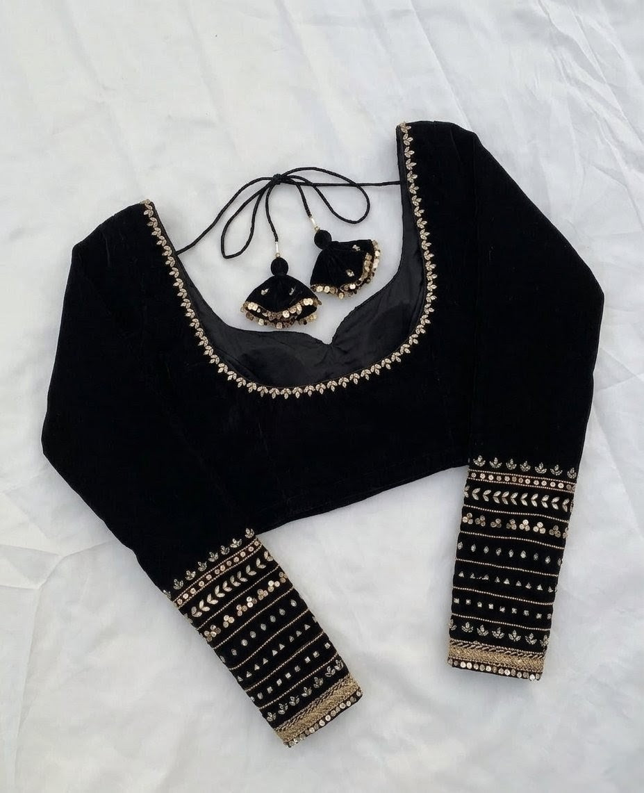 Black Velvet Embroidered Blouse with Statement Sleeves & Tassel Tie-Up Back