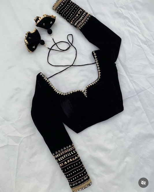 Black Velvet Embroidered Blouse with Statement Sleeves & Tassel Tie-Up Back