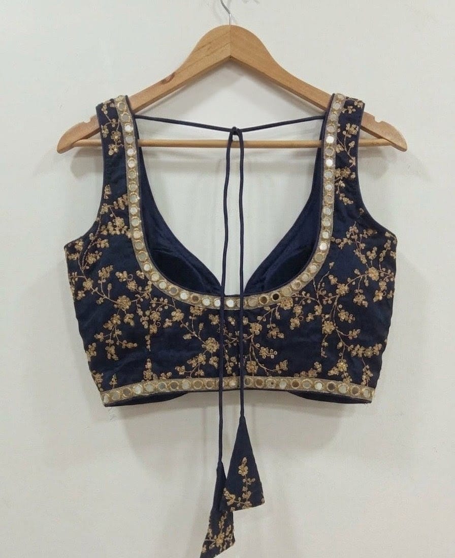 Navy Blue Embroidered Blouse with Mirror Work Border & Tie-Up Back
