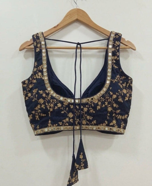 Navy Blue Embroidered Blouse with Mirror Work Border & Tie-Up Back