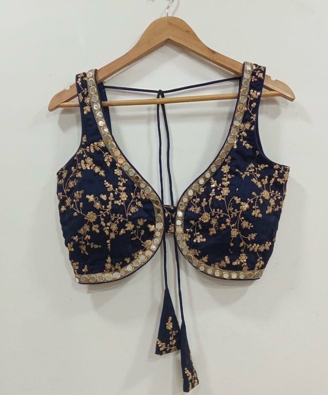 Navy Blue Embroidered Blouse with Mirror Work Border & Tie-Up Back