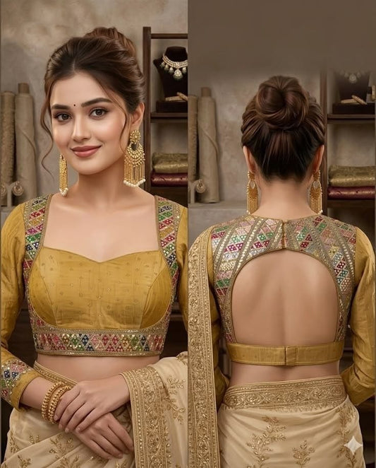 Golden Embroidered Silk Blouse with Keyhole Back & Multicolor Detailing