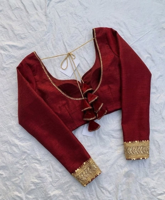 Ruby Red Silk Blouse with Embroidered Sleeves & Tassel Tie-Up Back