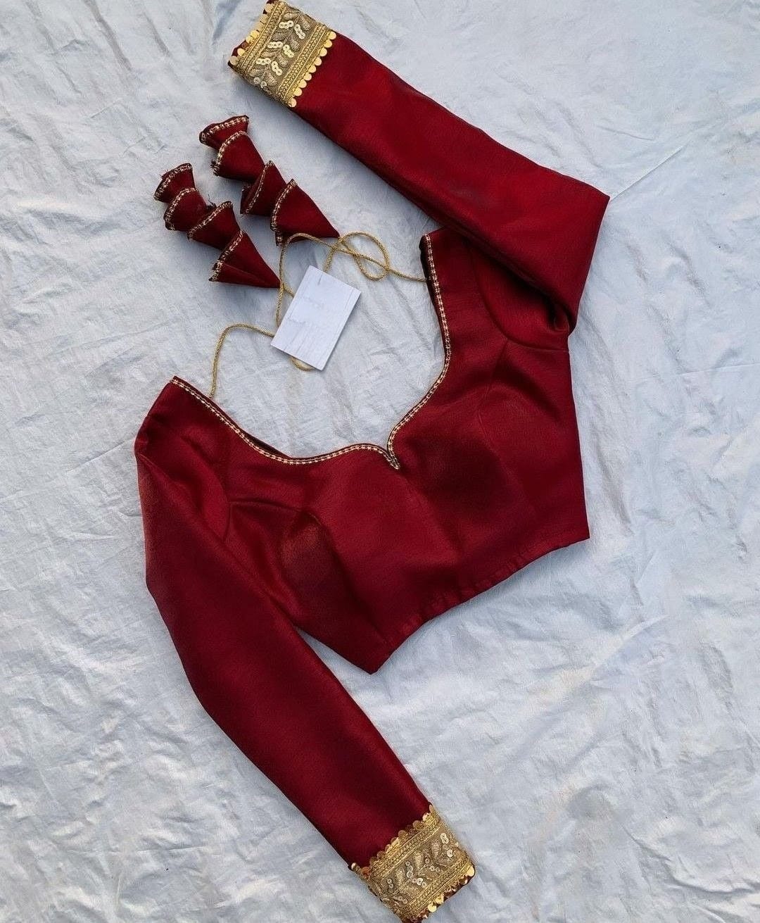 Ruby Red Silk Blouse with Embroidered Sleeves & Tassel Tie-Up Back