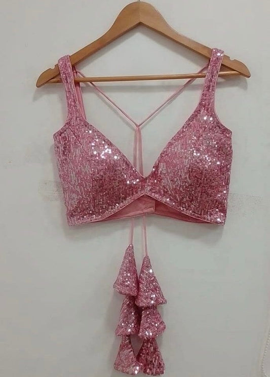 Pink Sequin Designer Sleeveless Saree Blouse with Dori Tassels