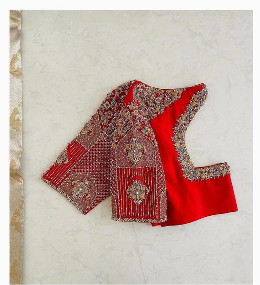 Red Silk Bridal Blouse with Heavy Embroidered Sleeves & Diamond Cut-Out Back