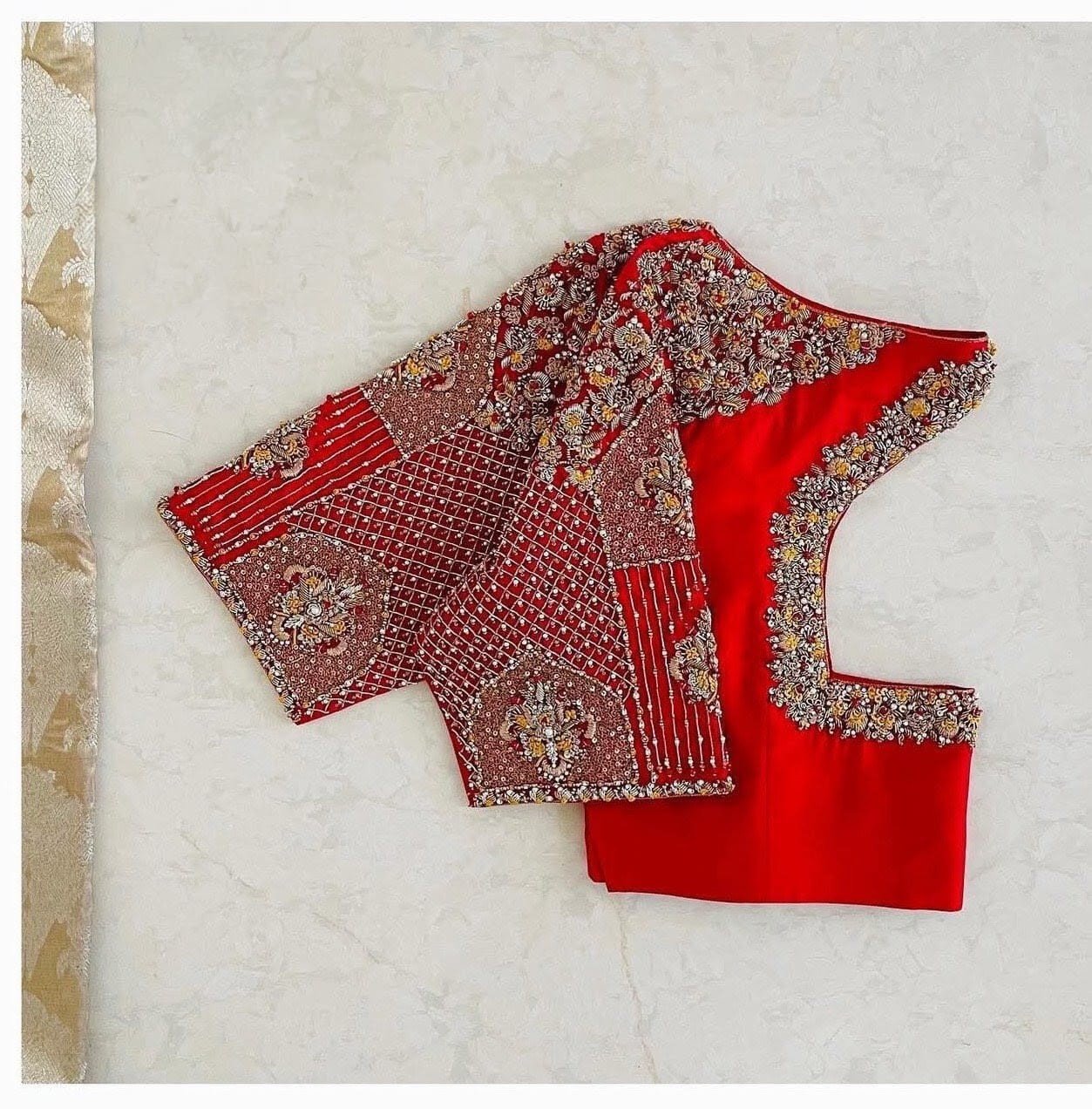 Red Silk Bridal Blouse with Heavy Embroidered Sleeves & Diamond Cut-Out Back