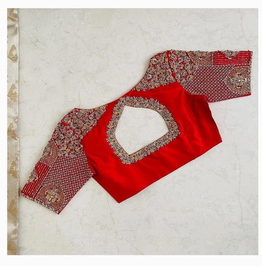 Red Silk Bridal Blouse with Heavy Embroidered Sleeves & Diamond Cut-Out Back