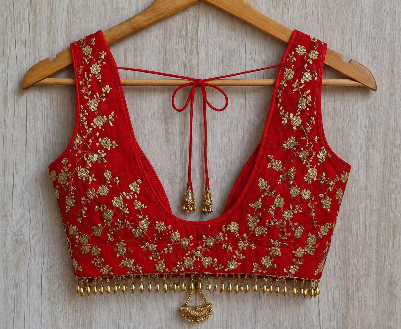 Royal Red Embroidered Sequins Work Designer Blouse with Latkan & Deep Back Tie-Up