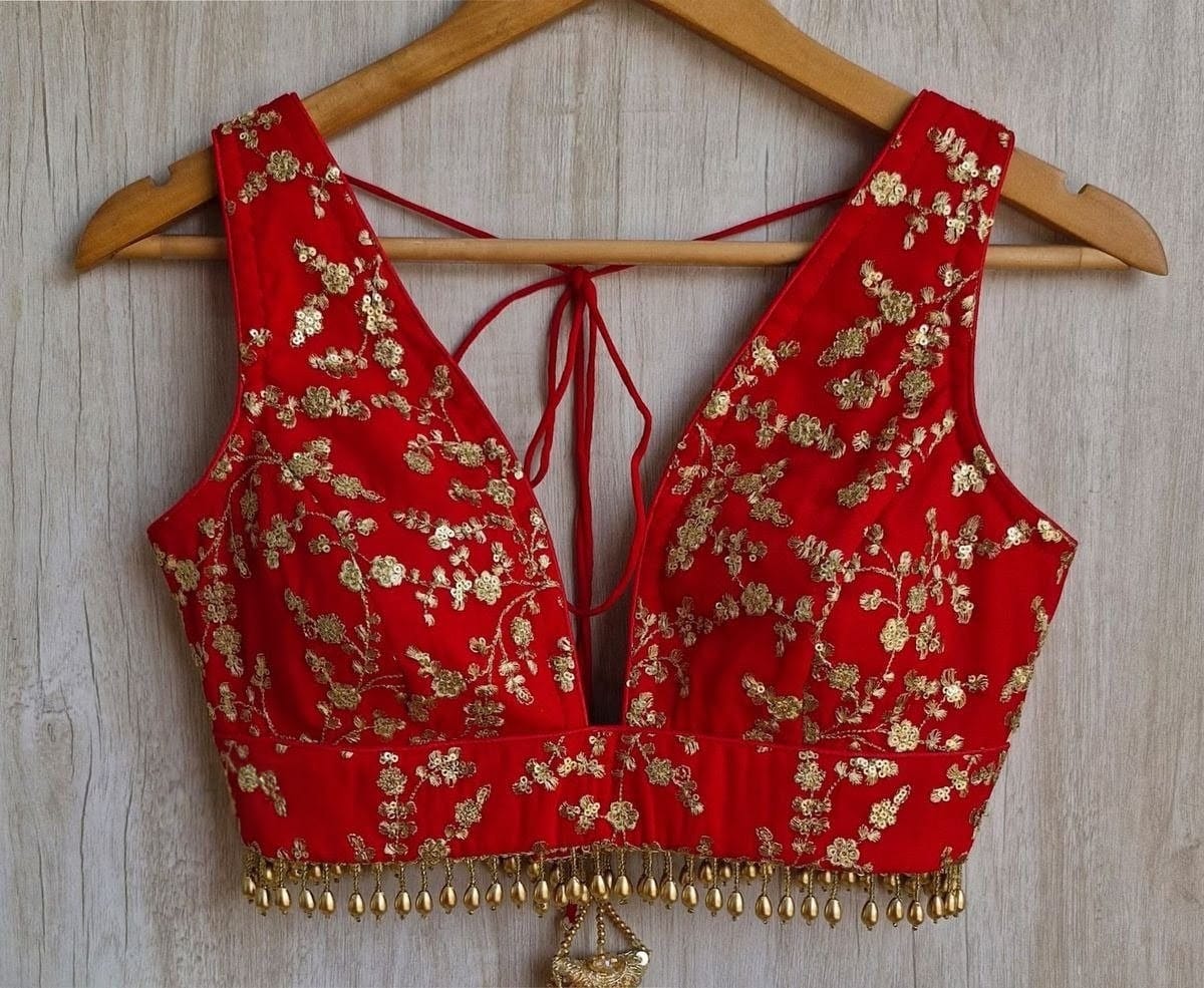 Royal Red Embroidered Sequins Work Designer Blouse with Latkan & Deep Back Tie-Up