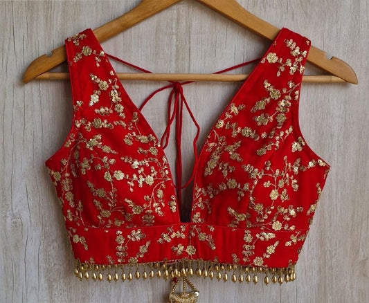 Royal Red Embroidered Sequins Work Designer Blouse with Latkan & Deep Back Tie-Up