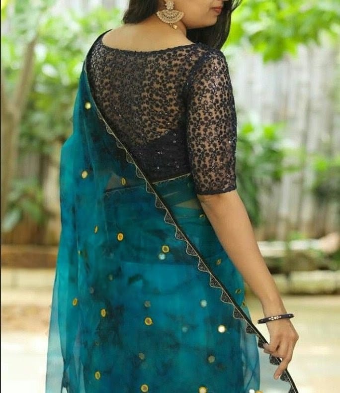 Black Net Sequin Embroidered Designer Saree Blouse (Half Sleeve, Back Hook)