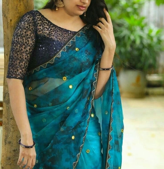 Black Net Sequin Embroidered Designer Saree Blouse (Half Sleeve, Back Hook)