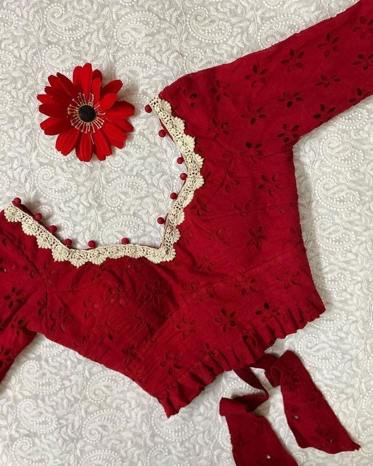 Wine Red Cotton Schiffli Designer Blouse with Crochet Lace Border & Back Tie-Up