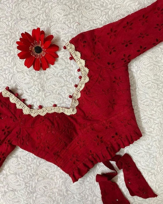 Wine Red Cotton Schiffli Designer Blouse with Crochet Lace Border & Back Tie-Up