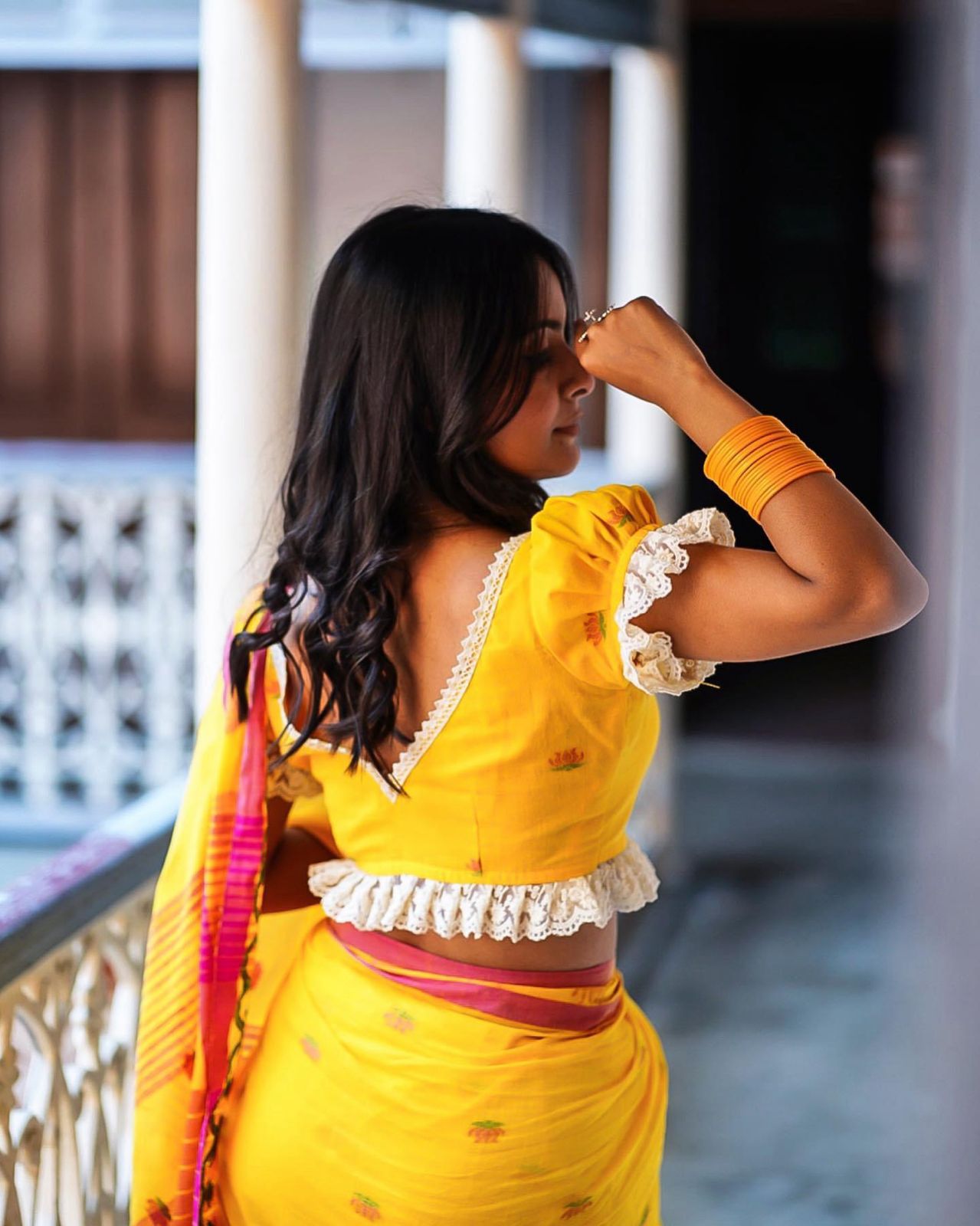 Sunshine Yellow Designer Cotton Blouse with Frill Lace & Deep Back Neck