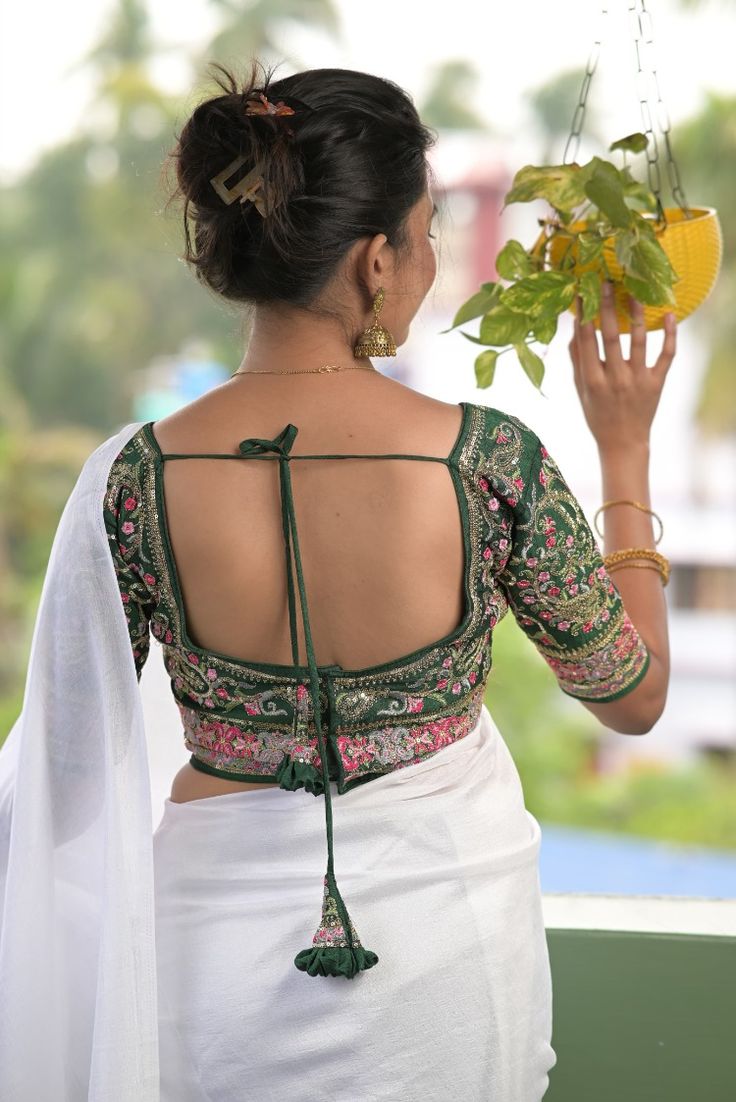 Bottle Green Heavy Embroidered Designer Blouse with Deep Back & Tassel Tie-Up