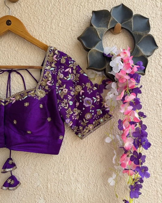 Royal Purple Embroidered Silk Saree Blouse for Women