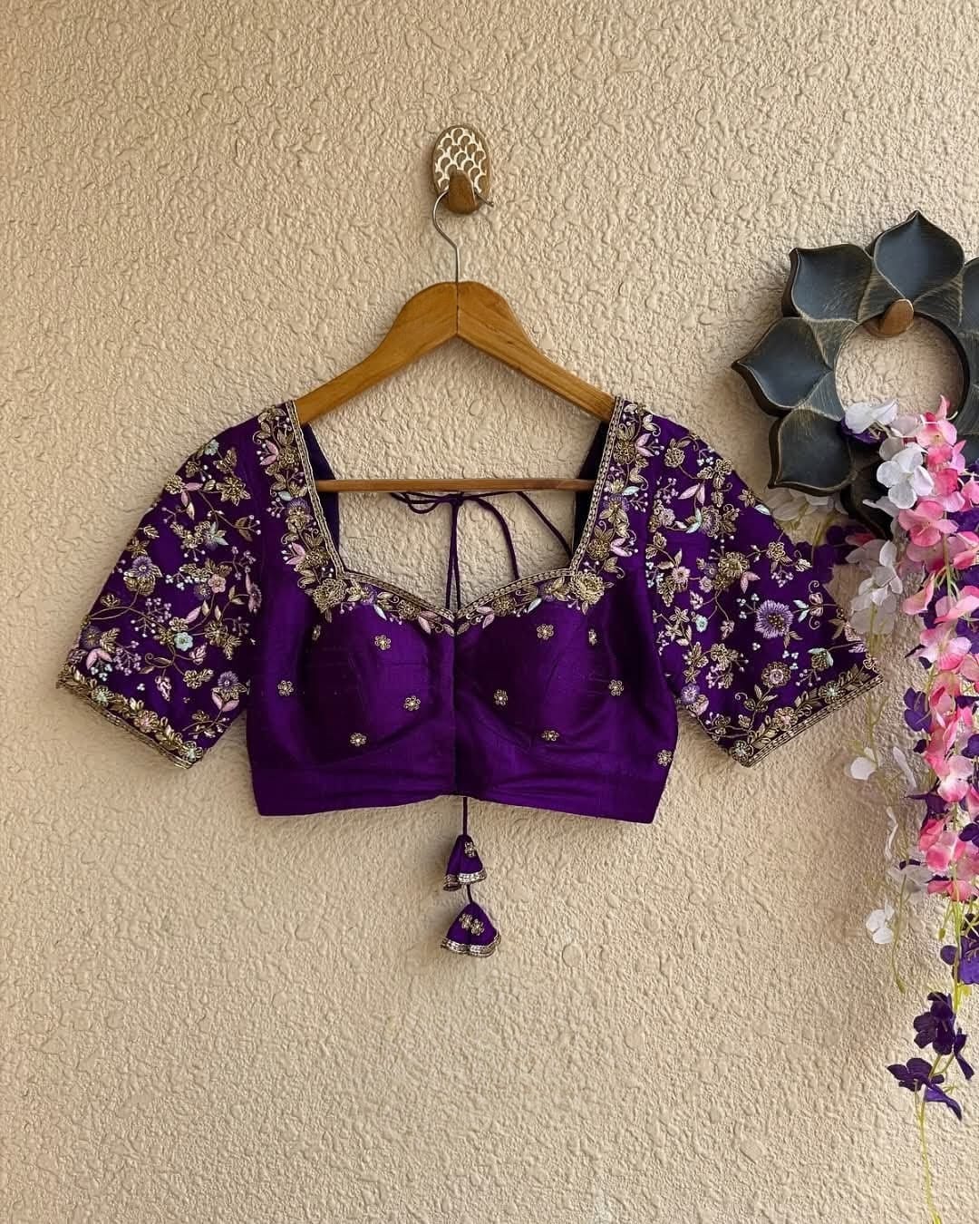 Royal Purple Embroidered Silk Saree Blouse for Women