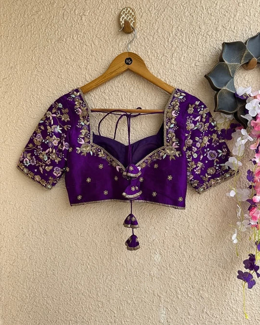 Royal Purple Embroidered Silk Saree Blouse for Women