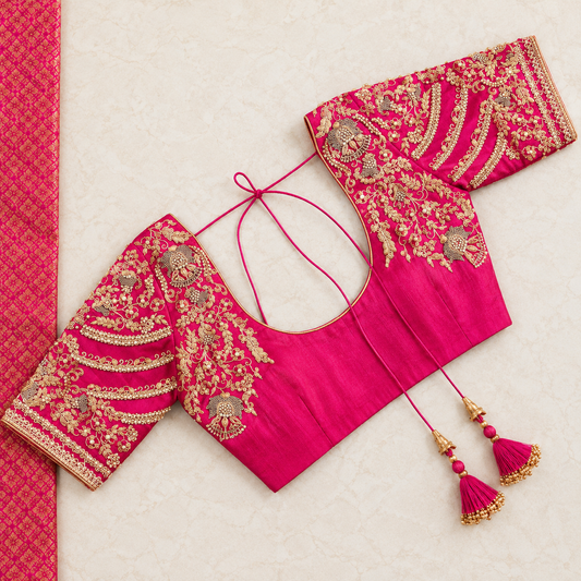 Hot Pink Designer Embroidered Silk Saree Blouse for Women – Heavy Zari Work Readymade Blouse with Tassel Dori