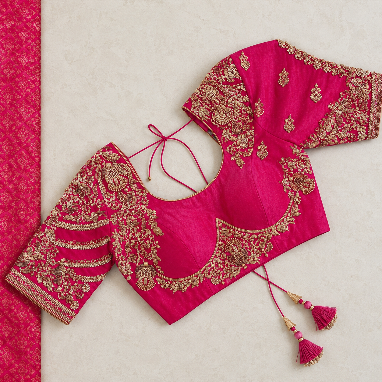 Hot Pink Designer Embroidered Silk Saree Blouse for Women – Heavy Zari Work Readymade Blouse with Tassel Dori