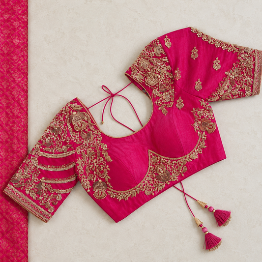 Hot Pink Designer Embroidered Silk Saree Blouse for Women – Heavy Zari Work Readymade Blouse with Tassel Dori