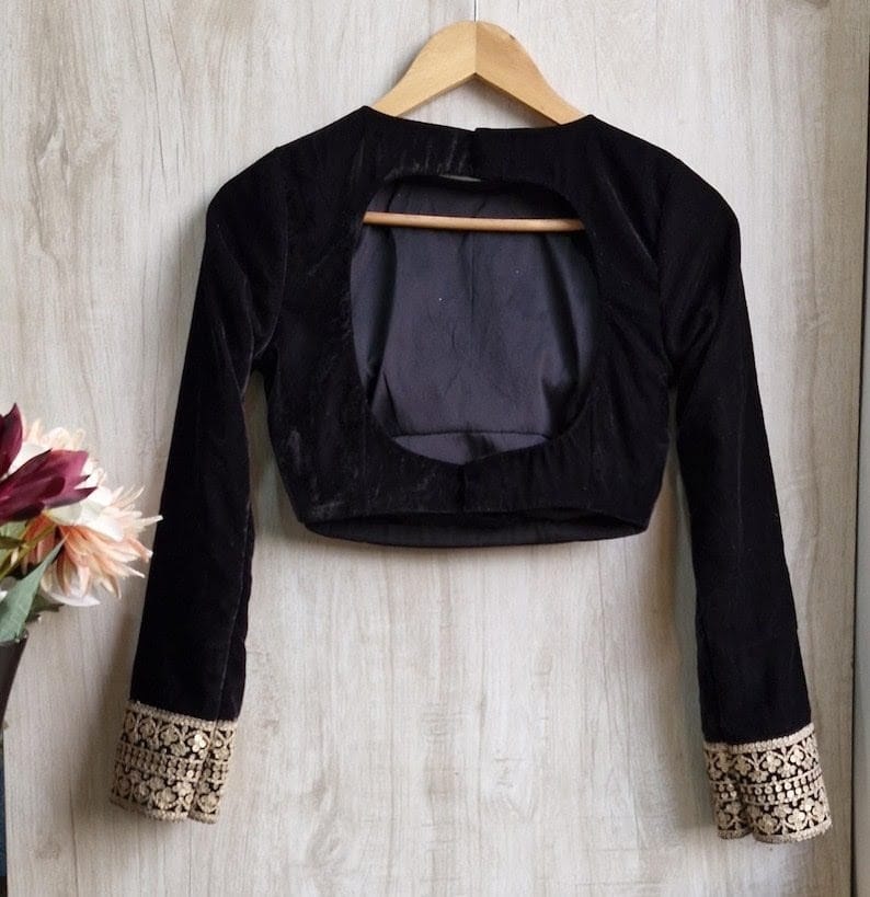Classic Black Full Sleeve Blouse with Sheer Neck Panel & Embellished Cuffs
