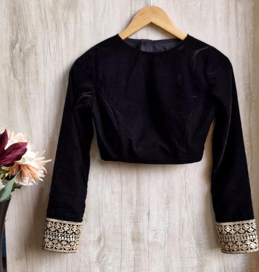 Classic Black Full Sleeve Blouse with Sheer Neck Panel & Embellished Cuffs