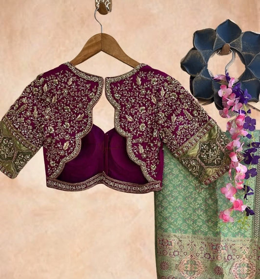 Magenta Cutwork Back Neck Readymade Blouse with Heavy Floral Zari Work