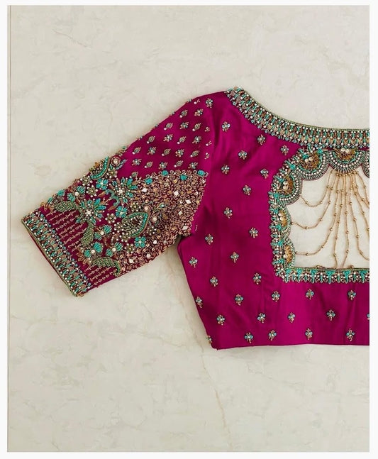 Rani Pink Heavy Embroidered Boat Neck Padded Readymade Designer Blouse